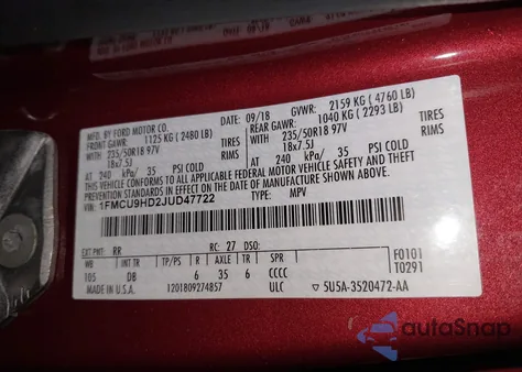 2018 Ford Escape Sel z USA, uszkodzony, nr VIN 1FMCU9HD2JUD47722